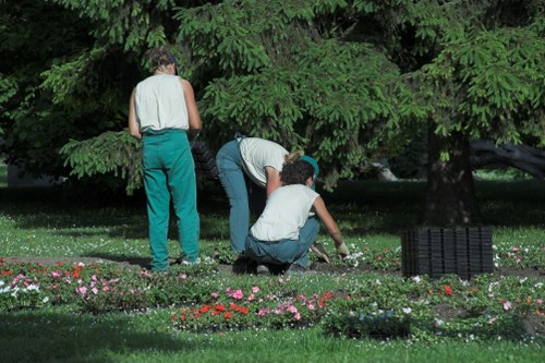 Three individuals are working together in a lush, well-maintained garden with a large, dense green tree providing shade in the background. One person, dressed in a sleeveless top and teal trousers, stands while observing the other two. The second person, wearing a light grey top and dark trousers, is bending over and appears to be planting or tending to the flower beds. The third person, in a white shirt and dark jeans, is crouched down and actively engaged in planting or weeding among vibrant, colorful flower patches that include pink, red, and white blooms. The garden features a neatly kept lawn with dense, dark-green grass, and the flower beds are bordered by low-lying plants. To the right, a black plastic garden crate sits on the grass, and the overall scene suggests a peaceful outdoor space suitable for gardening and landscape maintenance, typical of Charlton's suburban gardens, highlighting the importance of gardening services like those offered by Garden Maintenance Charlton. The weather appears overcast with diffused light illuminating the scene clearly, creating a calm, natural outdoor environment conducive to gardening activities.